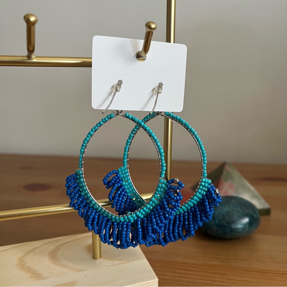 Boho Style Turquoise & Cobalt Beaded Dangle Hoop Earrings - Women Jewelry - Picture 3 of 5